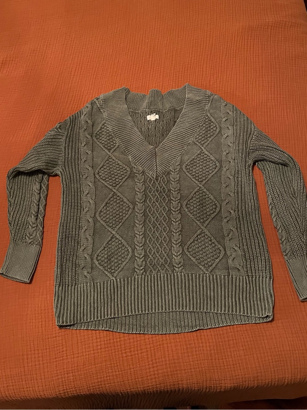 aerie Olive Green V-Neck Cable Knit Sweater